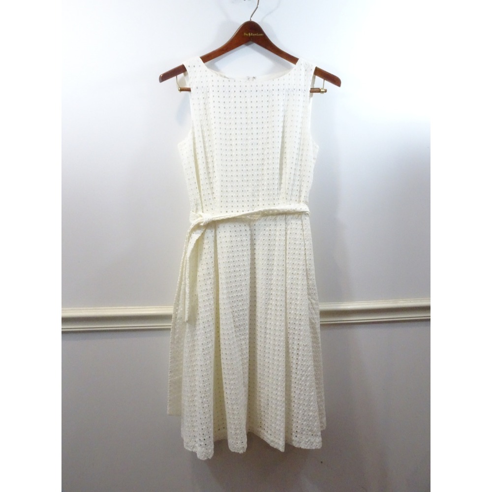LL Bean Signature OffWhite Eyelet Cotton Poplin Belted Midi Dress 10 Sleeveless